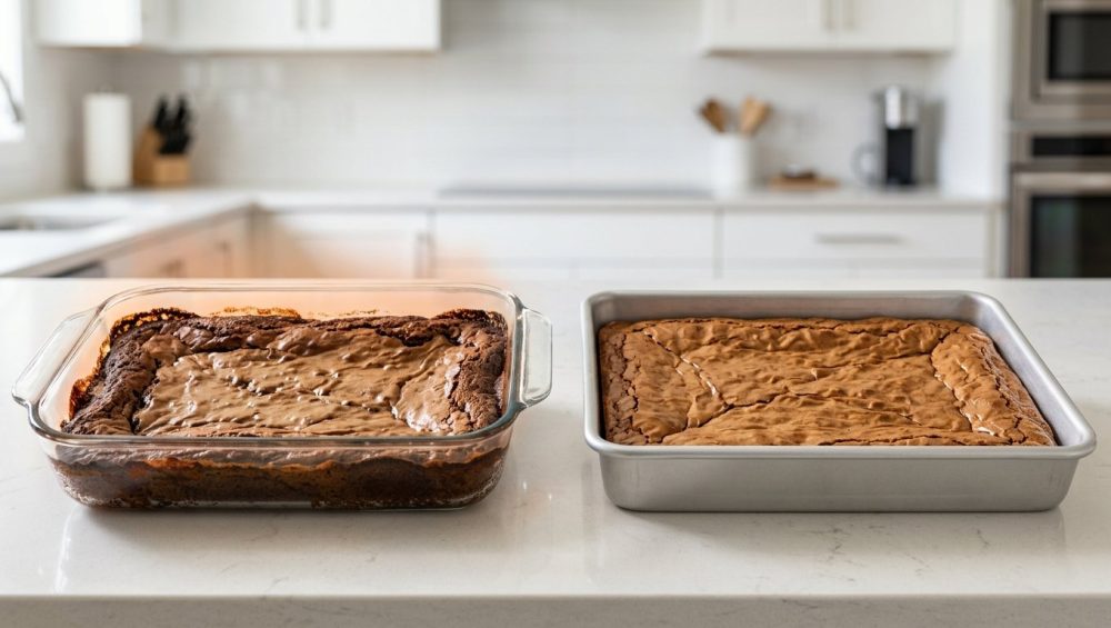 A photorealistic studio comparison on a sleek countertop shows two trays of brownies. The left tray, in a clear glass dish, has noticeably dark, crisp edges and a light, gooey center, with a subtle orange heat haze. The right tray, in a dark metal pan, is uniformly golden-brown and perfectly baked from edge to center, illustrating ideal, even results.