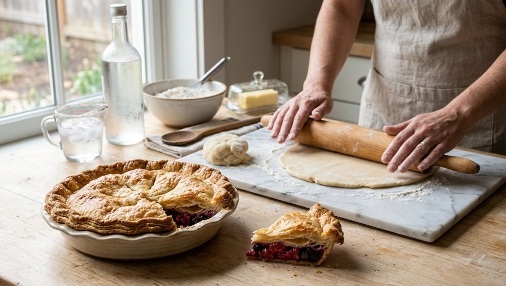 A highly detailed image showing a beautifully golden, incredibly flaky baked pie crust in a rustic plate, with a slice pulled away to reveal its tender layers. In the mid-ground, capable hands expertly roll out a smooth, pliable disc of unbaked pie dough on a light counter. Slightly out of focus in the background are the key ingredients: a glass of ice water, a chilled bottle of vodka, and a bowl of flour, all bathed in soft, natural daylight, conveying a sense of calm, successful baking.
