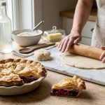 A highly detailed image showing a beautifully golden, incredibly flaky baked pie crust in a rustic plate, with a slice pulled away to reveal its tender layers. In the mid-ground, capable hands expertly roll out a smooth, pliable disc of unbaked pie dough on a light counter. Slightly out of focus in the background are the key ingredients: a glass of ice water, a chilled bottle of vodka, and a bowl of flour, all bathed in soft, natural daylight, conveying a sense of calm, successful baking.