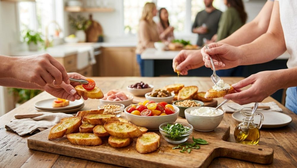 A bright, photorealistic "build-your-own" crostini bar scene with crisp golden baguette slices, vibrant fresh tomatoes, basil, prosciutto, and other toppings, as hands assemble appetizers.