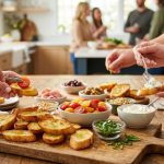 A bright, photorealistic "build-your-own" crostini bar scene with crisp golden baguette slices, vibrant fresh tomatoes, basil, prosciutto, and other toppings, as hands assemble appetizers.