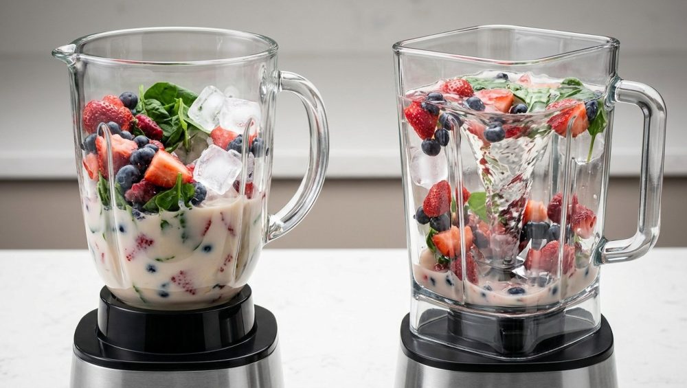 Two transparent blenders, side-by-side, illustrating blending efficiency. The left, with a round pitcher, shows smoothie ingredients circling inefficiently at the edges with a weak central vortex and unblended chunks. The right, with a square pitcher, displays the same ingredients powerfully drawn into a deep, strong vortex, actively blending everything.