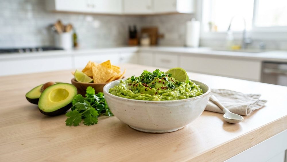 A vibrant, emerald green bowl of impossibly fresh, unoxidized guacamole sits on a clean counter, surrounded by unblemished avocado halves, cilantro, and golden tortilla chips. The bright, appetizing scene has a blurred modern kitchen background.