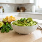 A vibrant, emerald green bowl of impossibly fresh, unoxidized guacamole sits on a clean counter, surrounded by unblemished avocado halves, cilantro, and golden tortilla chips. The bright, appetizing scene has a blurred modern kitchen background.