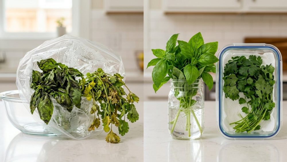 A hyper-realistic photograph illustrating the stark contrast between improperly stored and perfectly preserved fresh soft herbs on a clean kitchen counter. On the left, dark, wilted basil and yellowing, limp cilantro decay in a plastic bag or crisper. On the right, vibrant green basil stands in water in a glass jar, next to crisp cilantro neatly arranged on a paper towel in a sealed clear container. The scene is brightly lit, emphasizing the textural and color differences.