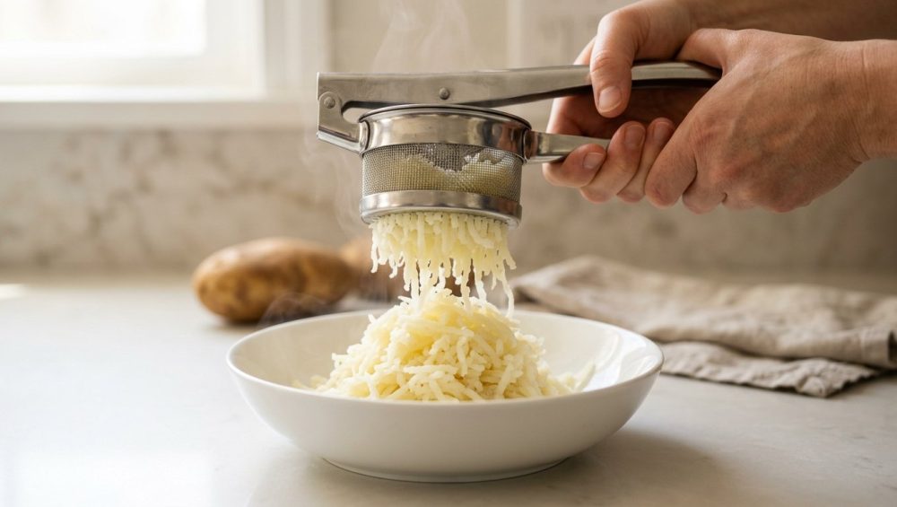 A close-up, photorealistic image shows a stainless steel potato ricer being used. Adult hands operate the gleaming ricer, from which steaming, fluffy potato strands cascade into a pristine white bowl, forming a light, airy mound. Subtle wisps of steam rise from the visibly lump-free riced potato, set against a softly blurred, clean kitchen counter with whole Russet potatoes, under bright, natural light.