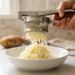 A close-up, photorealistic image shows a stainless steel potato ricer being used. Adult hands operate the gleaming ricer, from which steaming, fluffy potato strands cascade into a pristine white bowl, forming a light, airy mound. Subtle wisps of steam rise from the visibly lump-free riced potato, set against a softly blurred, clean kitchen counter with whole Russet potatoes, under bright, natural light.