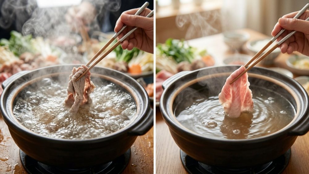 A diptych comparing hotpot cooking. On the left, a tense hand plunges a thin slice of beef into violently boiling broth, causing it to instantly shrivel and turn unappetizingly grey. On the right, a calm hand gently lowers beef into a softly simmering broth, cooking it to a perfectly tender, moist pink.