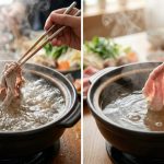 A diptych comparing hotpot cooking. On the left, a tense hand plunges a thin slice of beef into violently boiling broth, causing it to instantly shrivel and turn unappetizingly grey. On the right, a calm hand gently lowers beef into a softly simmering broth, cooking it to a perfectly tender, moist pink.