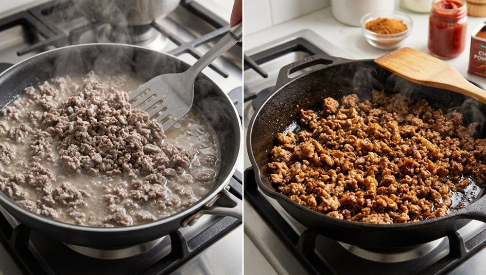 A photorealistic diptych in a clean kitchen contrasts two pans of ground beef: the left shows unappetizing, gray, boiled meat in a pool of liquid, while the right features perfectly seared, richly browned ground beef with crispy, caramelized textures.