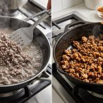 A photorealistic diptych in a clean kitchen contrasts two pans of ground beef: the left shows unappetizing, gray, boiled meat in a pool of liquid, while the right features perfectly seared, richly browned ground beef with crispy, caramelized textures.