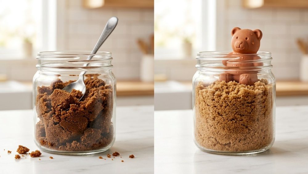 A photorealistic image showing the before-and-after transformation of brown sugar on a clean kitchen countertop. On the left, a clear glass jar holds dark, hardened brown sugar, clumped into a solid brick with a metal spoon stuck firmly in it. On the right, an identical jar is filled with light, fluffy, and easily scoopable brown sugar, with a small, moist terracotta bear humidifier resting on top.
