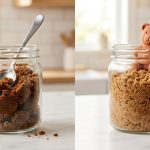 A photorealistic image showing the before-and-after transformation of brown sugar on a clean kitchen countertop. On the left, a clear glass jar holds dark, hardened brown sugar, clumped into a solid brick with a metal spoon stuck firmly in it. On the right, an identical jar is filled with light, fluffy, and easily scoopable brown sugar, with a small, moist terracotta bear humidifier resting on top.
