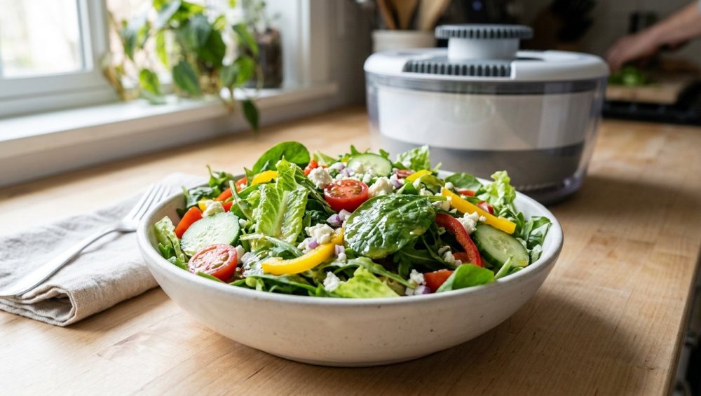 A photorealistic close-up of a vibrant, crisp salad in a modern ceramic bowl. Perfectly dressed green lettuce, halved red cherry tomatoes, and sliced cucumbers glisten with vinaigrette. A sleek salad spinner is softly blurred in the background on a bright kitchen counter, emphasizing freshness and a clean aesthetic.