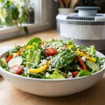 A photorealistic close-up of a vibrant, crisp salad in a modern ceramic bowl. Perfectly dressed green lettuce, halved red cherry tomatoes, and sliced cucumbers glisten with vinaigrette. A sleek salad spinner is softly blurred in the background on a bright kitchen counter, emphasizing freshness and a clean aesthetic.