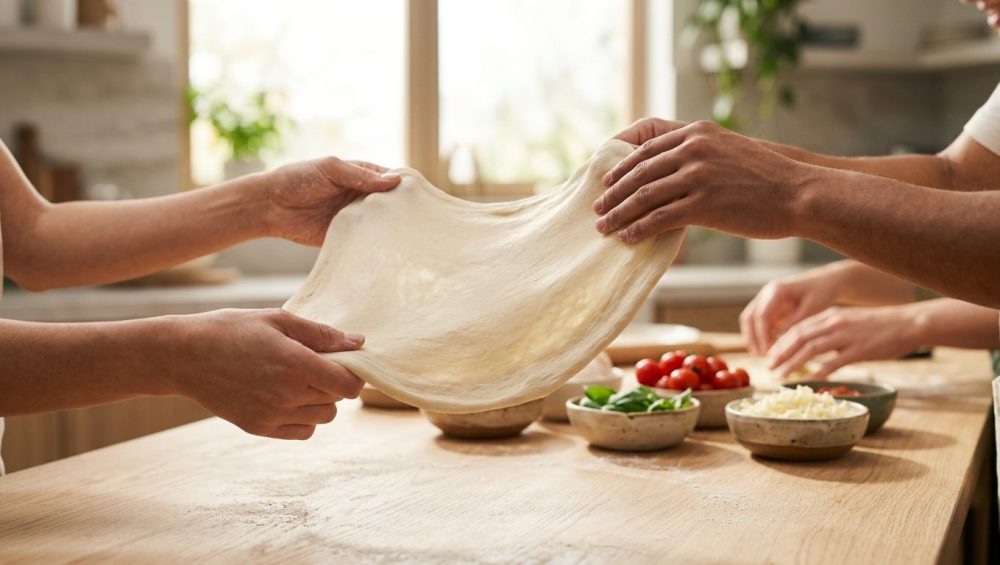 A close-up of adult hands confidently stretching perfectly elastic pizza dough in a clean, modern kitchen. The blurred background features vibrant pizza toppings like tomatoes, basil, and mozzarella, and hints of other hands. Bathed in soft natural light, the photorealistic image conveys a serene, communal cooking experience.