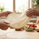 A close-up of adult hands confidently stretching perfectly elastic pizza dough in a clean, modern kitchen. The blurred background features vibrant pizza toppings like tomatoes, basil, and mozzarella, and hints of other hands. Bathed in soft natural light, the photorealistic image conveys a serene, communal cooking experience.