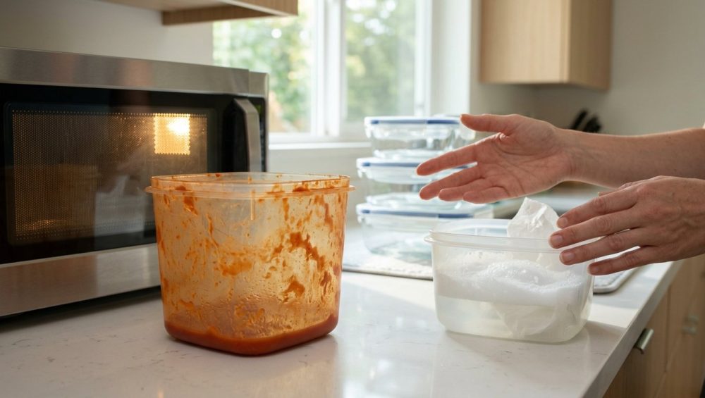 A photorealistic image shows a well-used, orange-red tomato-stained plastic food container on a bright kitchen counter, next to another container with soapy water and hands cleaning. Sparkling new clear glass containers are visible in the background.
