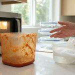 A photorealistic image shows a well-used, orange-red tomato-stained plastic food container on a bright kitchen counter, next to another container with soapy water and hands cleaning. Sparkling new clear glass containers are visible in the background.