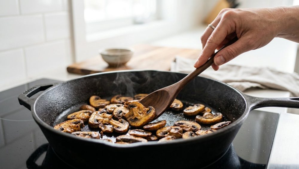 Photorealistic close-up of perfectly caramelized, crispy cremini mushrooms searing in a dry cast iron skillet, gently stirred by a hand with a wooden spoon against a blurred, bright modern kitchen background.