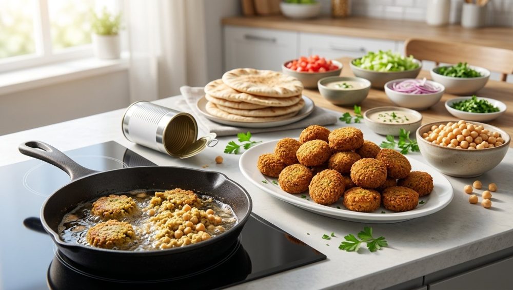 A bright, photorealistic kitchen scene illustrating a falafel cooking journey. In the foreground, messy, disintegrating falafel fry in a pan next to a subtle can of chickpeas. The midground showcases perfectly golden-brown, crispy falafel on a platter, alongside a bowl of plump, uncooked soaked chickpeas and fresh herbs. The softly blurred background reveals an inviting build-your-own pita station with various vibrant toppings, hinting at a successful, relaxed gathering. The scene is well-lit with warm, natural light.