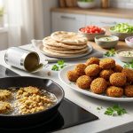 A bright, photorealistic kitchen scene illustrating a falafel cooking journey. In the foreground, messy, disintegrating falafel fry in a pan next to a subtle can of chickpeas. The midground showcases perfectly golden-brown, crispy falafel on a platter, alongside a bowl of plump, uncooked soaked chickpeas and fresh herbs. The softly blurred background reveals an inviting build-your-own pita station with various vibrant toppings, hinting at a successful, relaxed gathering. The scene is well-lit with warm, natural light.