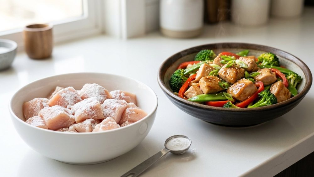 A photorealistic image showing the velveting technique: raw, cubed meat lightly dusted with baking soda in a bowl, alongside a steaming stir-fry with perfectly tender, glistening cooked meat and vegetables, all on a clean kitchen counter.
