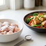 A photorealistic image showing the velveting technique: raw, cubed meat lightly dusted with baking soda in a bowl, alongside a steaming stir-fry with perfectly tender, glistening cooked meat and vegetables, all on a clean kitchen counter.