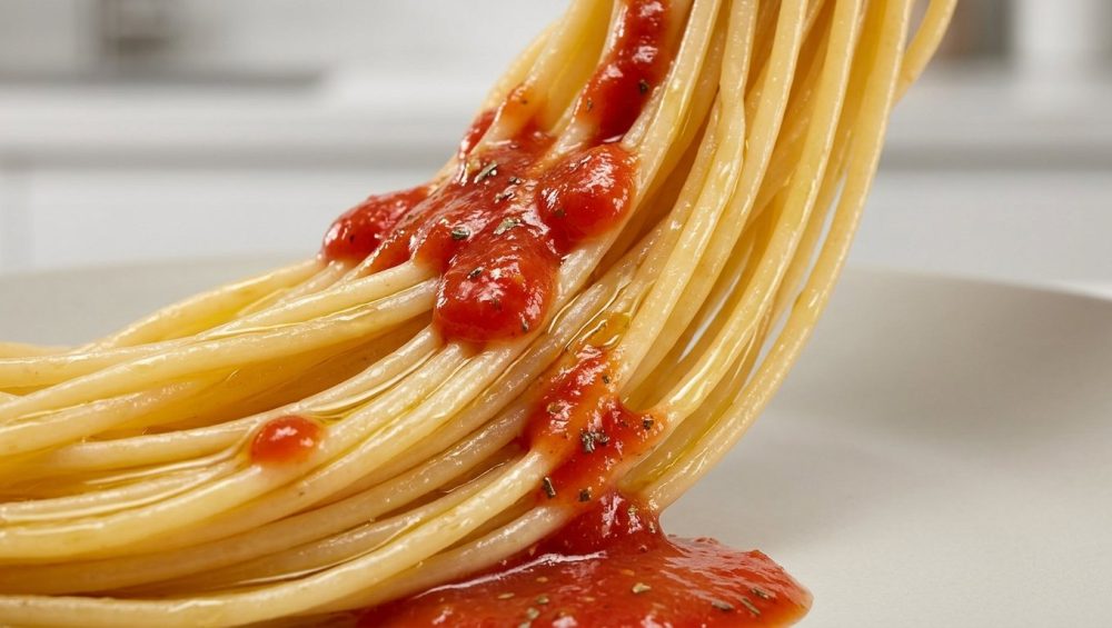 A macro, photorealistic studio shot of golden spaghetti coated in glistening olive oil. Vibrant red tomato sauce, flecked with herbs, is being drizzled onto the pasta but visibly beads up and slides off, failing to cling to the slick surface. Small droplets gather, leaving much of the pasta bare, while the sauce pools below, clearly illustrating the lack of adhesion. Sharp focus highlights this interaction against a clean, blurred background.