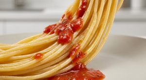 A macro, photorealistic studio shot of golden spaghetti coated in glistening olive oil. Vibrant red tomato sauce, flecked with herbs, is being drizzled onto the pasta but visibly beads up and slides off, failing to cling to the slick surface. Small droplets gather, leaving much of the pasta bare, while the sauce pools below, clearly illustrating the lack of adhesion. Sharp focus highlights this interaction against a clean, blurred background.