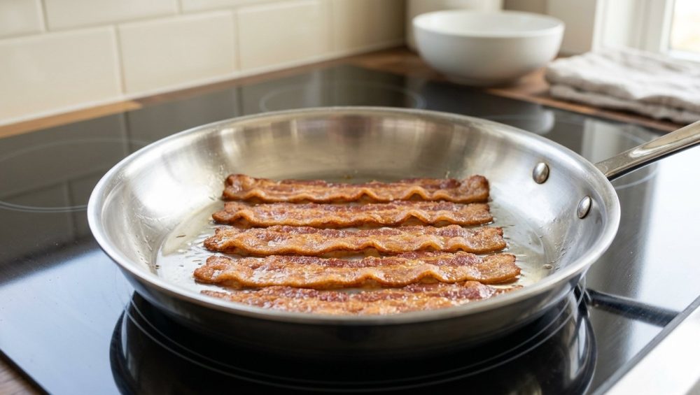 A close-up of several strips of perfectly cooked, flat, golden-brown crispy bacon in a gleaming stainless steel skillet on a pristine modern stovetop, with shimmering rendered fat, lit by soft natural light and a blurred minimalist kitchen background.