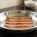 A close-up of several strips of perfectly cooked, flat, golden-brown crispy bacon in a gleaming stainless steel skillet on a pristine modern stovetop, with shimmering rendered fat, lit by soft natural light and a blurred minimalist kitchen background.