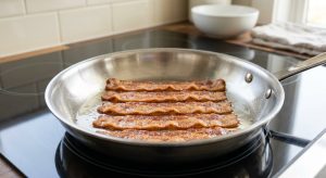 A close-up of several strips of perfectly cooked, flat, golden-brown crispy bacon in a gleaming stainless steel skillet on a pristine modern stovetop, with shimmering rendered fat, lit by soft natural light and a blurred minimalist kitchen background.