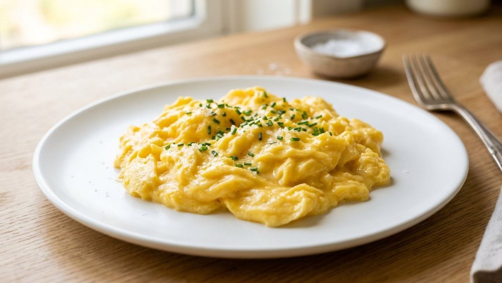A close-up of perfectly cooked, soft, creamy golden scrambled eggs, artfully mounded on a pristine white plate, in a bright, naturally lit minimalist kitchen.