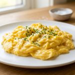 A close-up of perfectly cooked, soft, creamy golden scrambled eggs, artfully mounded on a pristine white plate, in a bright, naturally lit minimalist kitchen.