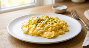 A close-up of perfectly cooked, soft, creamy golden scrambled eggs, artfully mounded on a pristine white plate, in a bright, naturally lit minimalist kitchen.
