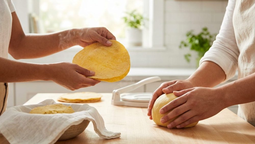 A photorealistic wide shot in a bright kitchen shows two diverse pairs of hands. One gently stretches a warm, pliable golden-yellow corn tortilla, while the other kneads smooth masa dough on a light wooden counter. Natural light illuminates the scene, with a softly blurred kitchen background.