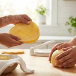 A photorealistic wide shot in a bright kitchen shows two diverse pairs of hands. One gently stretches a warm, pliable golden-yellow corn tortilla, while the other kneads smooth masa dough on a light wooden counter. Natural light illuminates the scene, with a softly blurred kitchen background.