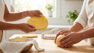 A photorealistic wide shot in a bright kitchen shows two diverse pairs of hands. One gently stretches a warm, pliable golden-yellow corn tortilla, while the other kneads smooth masa dough on a light wooden counter. Natural light illuminates the scene, with a softly blurred kitchen background.