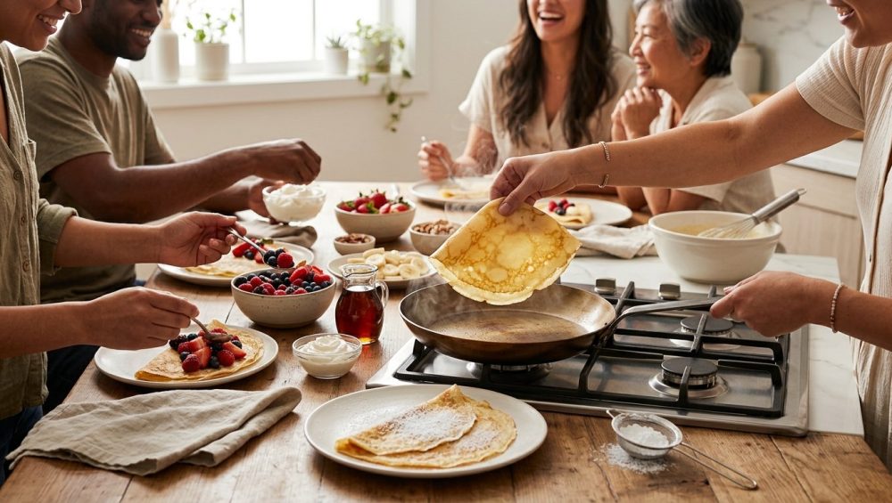 A photorealistic image of a joyful, collaborative crepe brunch in a modern kitchen. Golden-brown crepes are served on white plates, with diverse hands reaching for fresh berries, bananas, and whipped cream. One delicate crepe lifts from a carbon steel pan, while smooth batter awaits in the softly lit background.