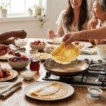 A photorealistic image of a joyful, collaborative crepe brunch in a modern kitchen. Golden-brown crepes are served on white plates, with diverse hands reaching for fresh berries, bananas, and whipped cream. One delicate crepe lifts from a carbon steel pan, while smooth batter awaits in the softly lit background.