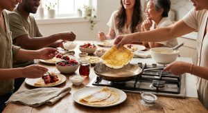 A photorealistic image of a joyful, collaborative crepe brunch in a modern kitchen. Golden-brown crepes are served on white plates, with diverse hands reaching for fresh berries, bananas, and whipped cream. One delicate crepe lifts from a carbon steel pan, while smooth batter awaits in the softly lit background.
