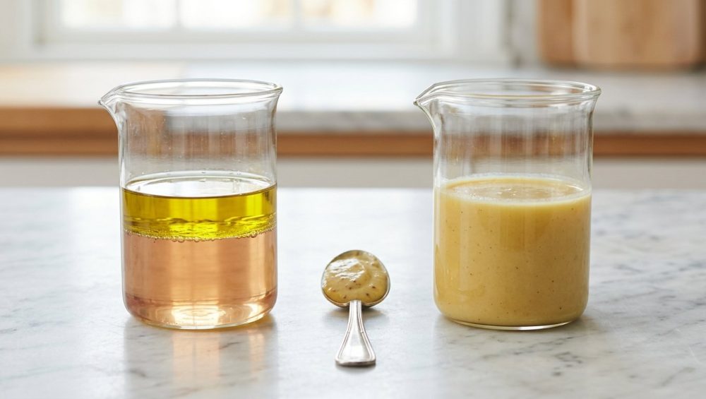 A crisp studio photo on a minimalist counter displays the science of emulsification: a clear bowl on the left shows separated oil and red wine vinegar, while an identical bowl on the right holds a perfectly uniform, creamy vinaigrette. A silver spoon with Dijon mustard is subtly placed between them.