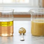 A crisp studio photo on a minimalist counter displays the science of emulsification: a clear bowl on the left shows separated oil and red wine vinegar, while an identical bowl on the right holds a perfectly uniform, creamy vinaigrette. A silver spoon with Dijon mustard is subtly placed between them.