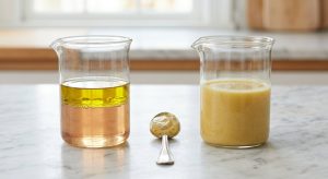 A crisp studio photo on a minimalist counter displays the science of emulsification: a clear bowl on the left shows separated oil and red wine vinegar, while an identical bowl on the right holds a perfectly uniform, creamy vinaigrette. A silver spoon with Dijon mustard is subtly placed between them.