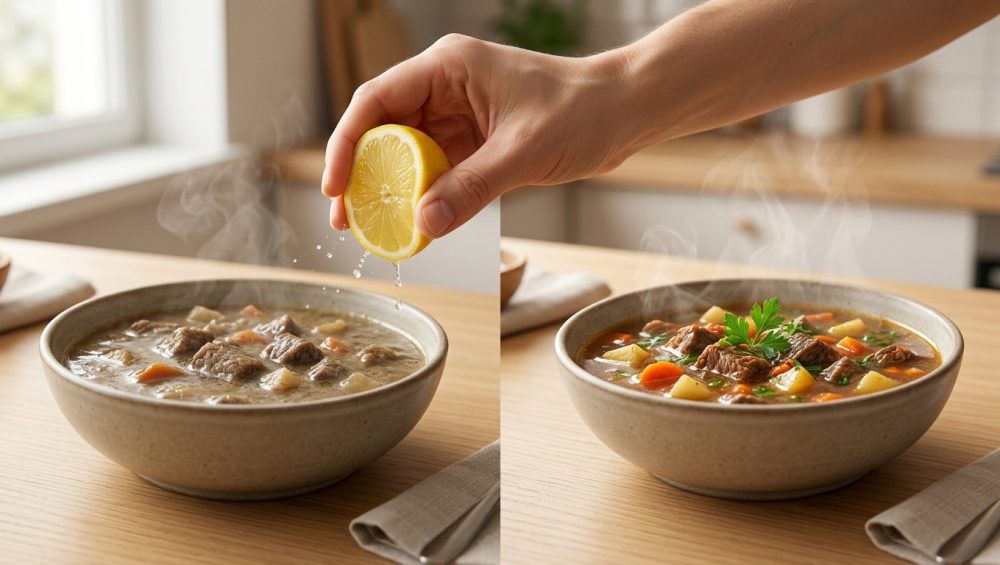 A clean, photorealistic food photography scene shows a 'before and after' transformation of a stew. On the left, a rustic bowl contains a dull, brownish-grey stew with a muddy surface. In the center, a hand squeezes a lemon half, with juice arcing towards the left bowl. On the right, an identical bowl holds the same stew, now vibrant, with clear liquid, distinct ingredients, a fresh shimmer, and a sprig of green parsley. The scene is brightly lit on a modern kitchen counter.