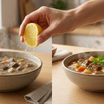 A clean, photorealistic food photography scene shows a 'before and after' transformation of a stew. On the left, a rustic bowl contains a dull, brownish-grey stew with a muddy surface. In the center, a hand squeezes a lemon half, with juice arcing towards the left bowl. On the right, an identical bowl holds the same stew, now vibrant, with clear liquid, distinct ingredients, a fresh shimmer, and a sprig of green parsley. The scene is brightly lit on a modern kitchen counter.