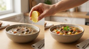 A clean, photorealistic food photography scene shows a 'before and after' transformation of a stew. On the left, a rustic bowl contains a dull, brownish-grey stew with a muddy surface. In the center, a hand squeezes a lemon half, with juice arcing towards the left bowl. On the right, an identical bowl holds the same stew, now vibrant, with clear liquid, distinct ingredients, a fresh shimmer, and a sprig of green parsley. The scene is brightly lit on a modern kitchen counter.