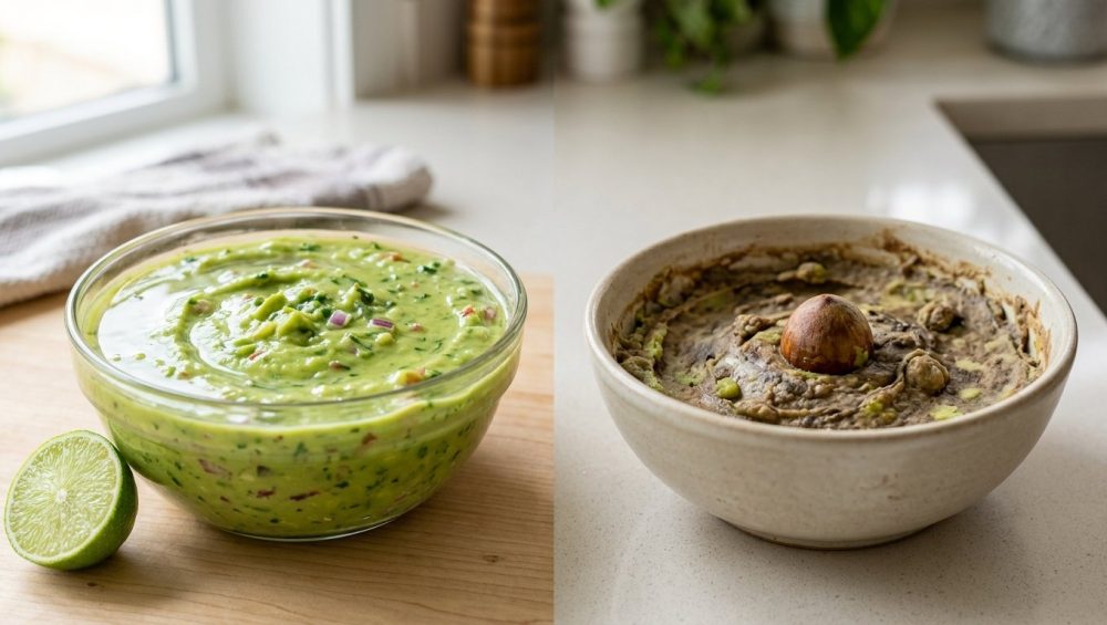 A photorealistic image showcasing two bowls of guacamole on a clean, light surface. On the left, vibrant, perfectly preserved green guacamole in a clear glass bowl, sealed with a visible water layer, with a fresh lime wedge beside it. On the right, dull grayish-brown oxidized guacamole in a ceramic bowl with an avocado pit in its center, looking unappetizing. Soft natural light emphasizes the dramatic contrast between the two.