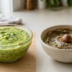 A photorealistic image showcasing two bowls of guacamole on a clean, light surface. On the left, vibrant, perfectly preserved green guacamole in a clear glass bowl, sealed with a visible water layer, with a fresh lime wedge beside it. On the right, dull grayish-brown oxidized guacamole in a ceramic bowl with an avocado pit in its center, looking unappetizing. Soft natural light emphasizes the dramatic contrast between the two.